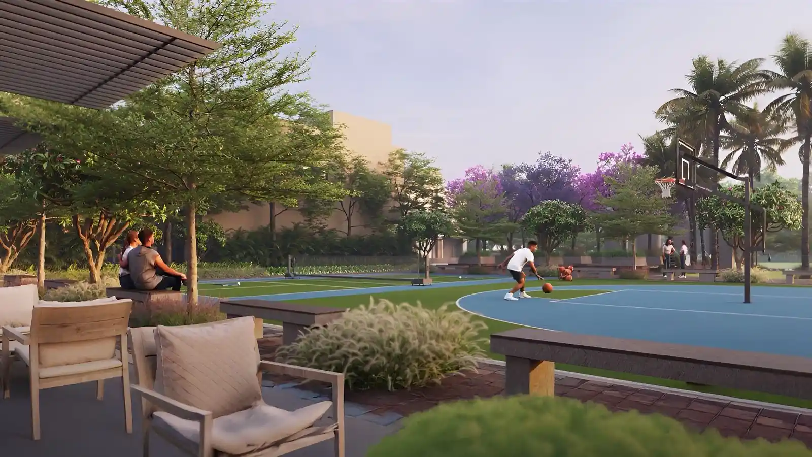 Rivera-UNO-Row-Villa-in-Whitefield-Bangalore-Half-Basket-Ball-Court-Pickle-ball-Court-sitting-area.